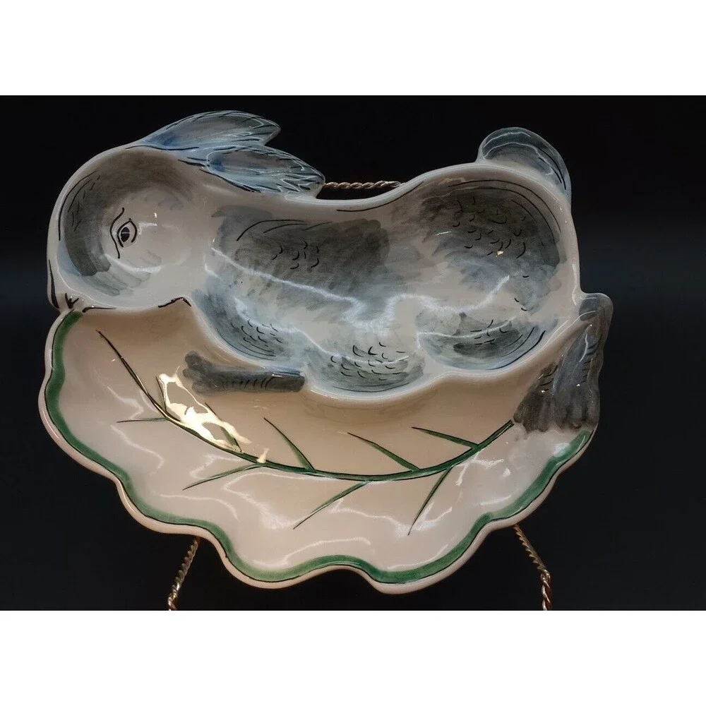 Vintage Bunny And Cabbage Leaf Divided Dish Relish Rabbit Hand Painted Italy